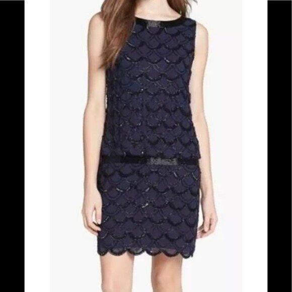 Adrianna Papell Beaded Dropwaist Scalloped Gatsby Dress - Picture 1 of 11